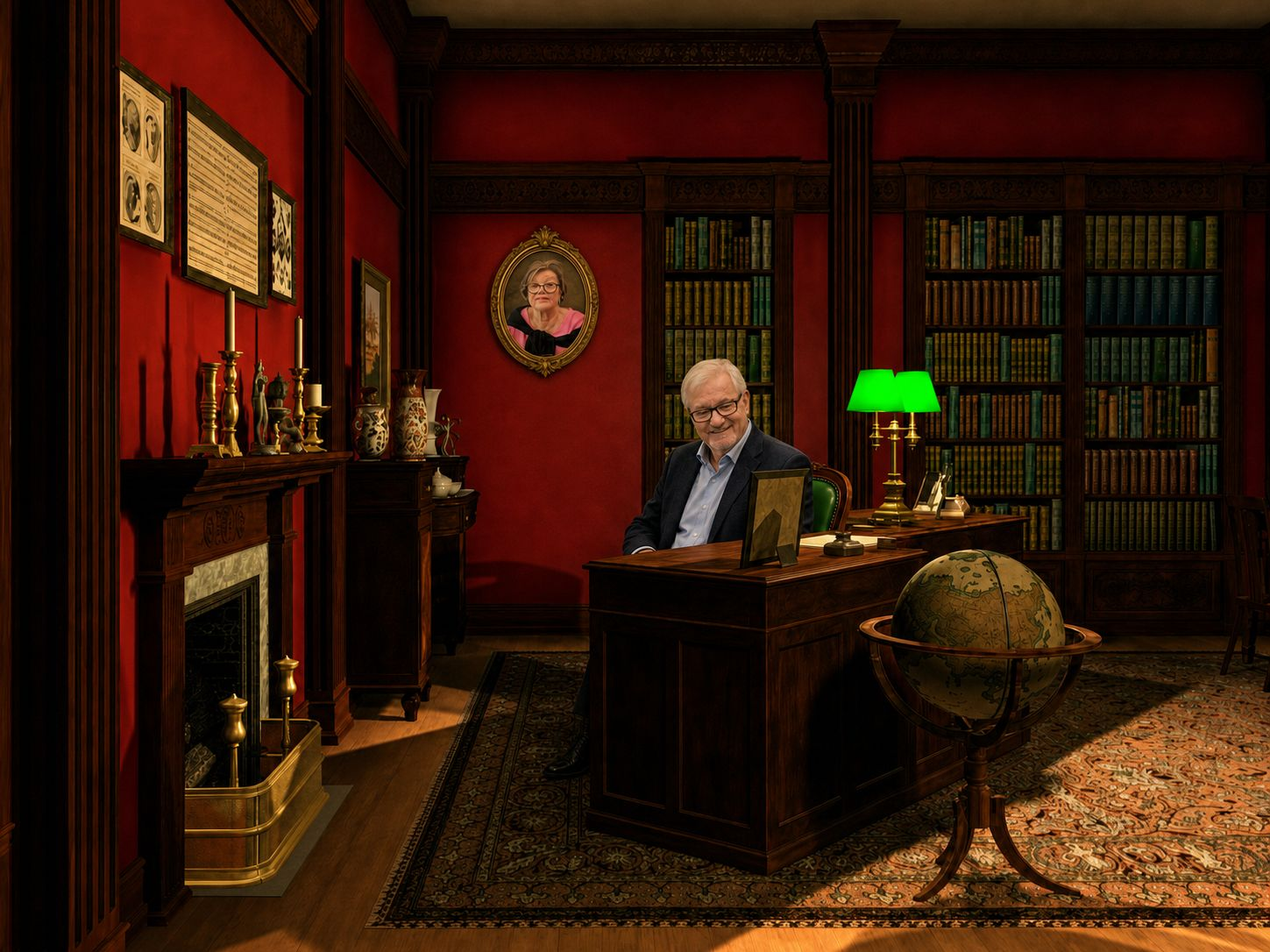 Historisches Arbeitszimmer mit Schreibtisch, Globus, Bücherregalen, Porträt und Kamin